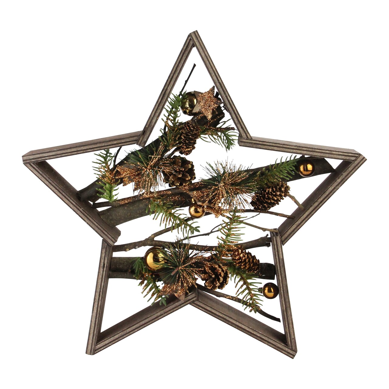 Northlight Wood Framed Star with Mixed Branches and Bells Table or Wall Decoration - 15.25"